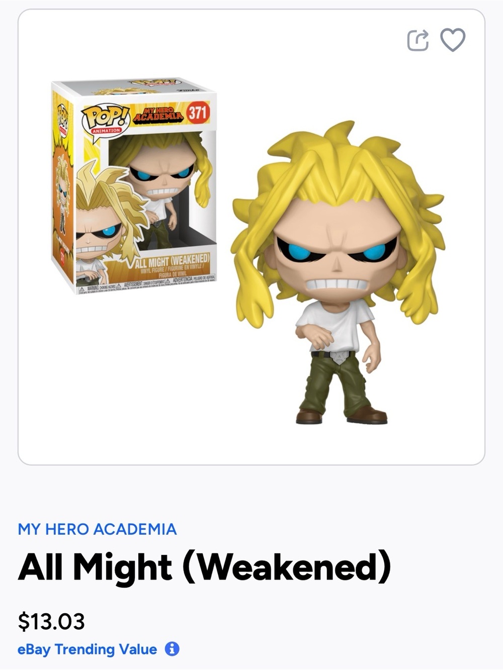 Funko Pop! All Might (Weakened) - Yellow Hair, Blue Eyes- 371